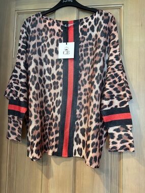 Leopard Print Sweater with Red Stripe